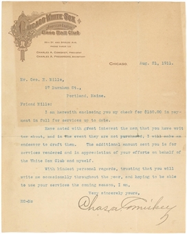 1911 Charles Comiskey Signed Typed Letter To George E. Mills Dated 8/21/1911 on Chicago White Sox Letterhead (JSA)